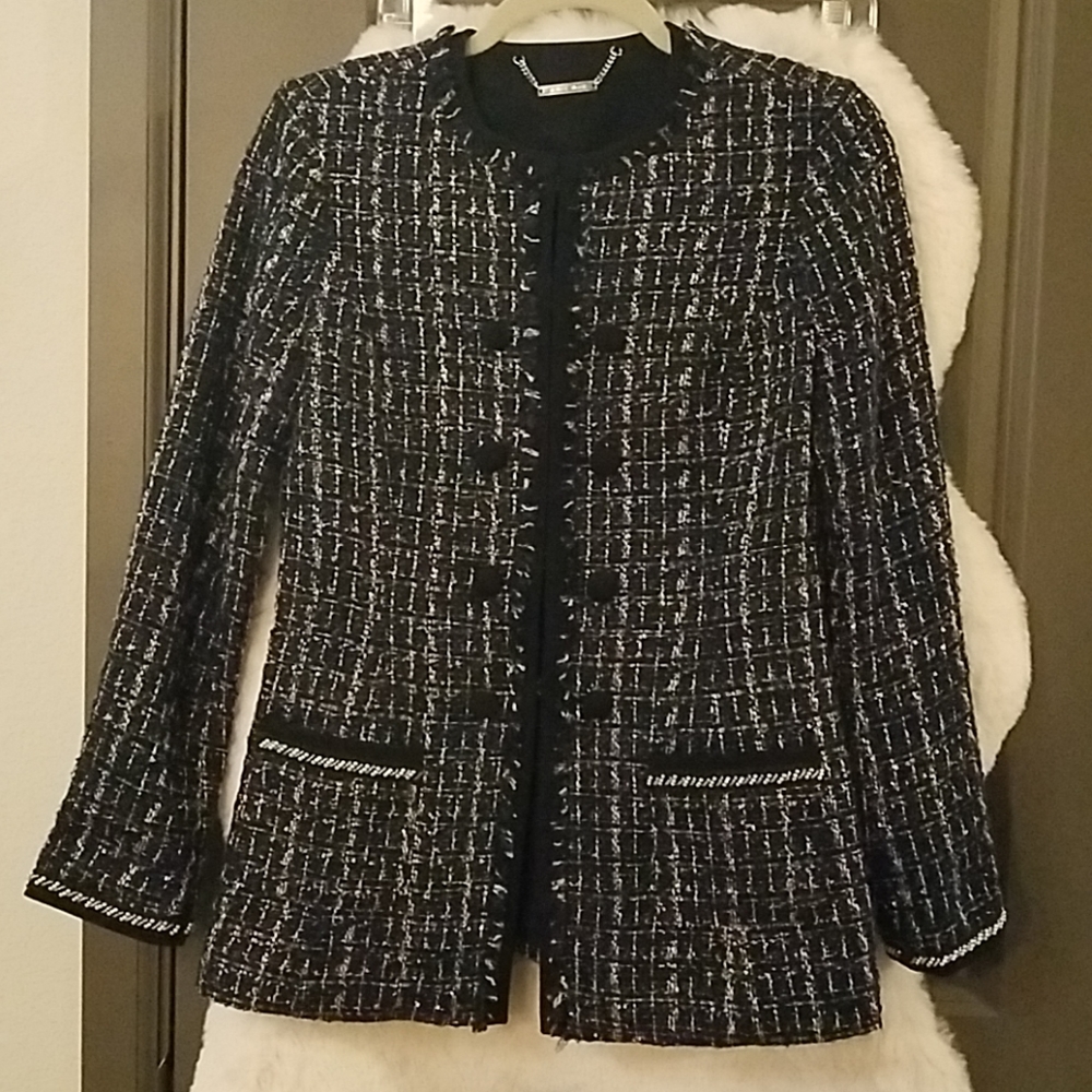 26" length navy tweed jacket.